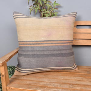 Vintage Kilim Throw Pillow, Turkish Pillow, 24x24 Kilim Pillow, Vintage Kilim Pillow, Beige Pillow, Classic Stripe Design Pillow,