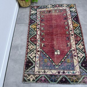 Tappeto da preghiera turco, tappeto vintage, tappeto piccolo, tappeto Oushak antico, tappeti da regalo, tappeto rosso 2,1x3,5 piedi, tappeto anatolico, tappeto di lana piccolo,