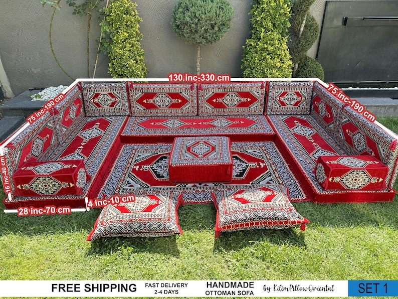 Floor sofa, Arabic seating, Moroccan sofa, U-shaped sofa, Sectional floor seating, Majlis seating, Floor cushions, Living room floor sofa, imagem 2