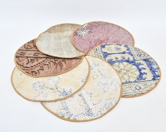 Coffee Cup Pad, Set Of Six, Dining Accessory, Beige Supla, Rug Underplate, Vintage Placemat, Antique Rug Coaster, Service Supla,