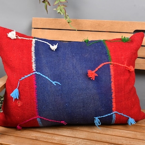 Op de afbeelding: Een rechthoekig kussen met een rood en blauw colorblock-ontwerp. Het kussen heeft decoratieve kwastjes in verschillende kleuren en witte stiksels. Het kussen ligt op een houten bank.
