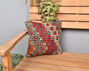 Kilim Pillow, Boho Pillow, 12x12 Vintage Kilim Throw Pillow, Kilim Pillow Cover, Red Cushion, Turkish Hand-Stitched Pillow Pillow,