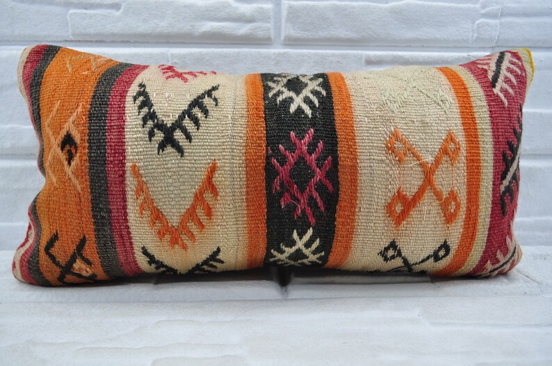 Orange Sofa Pillow Patterned Kilim Pillow 12x24 Lumbar Pillow Etsy