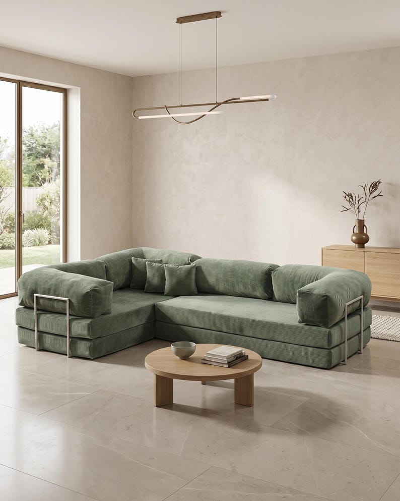 Puede incluir: Sal&oacute;n moderno con un gran sof&aacute; esquinero verde salvia con soportes de brazo met&aacute;licos. Una mesa de centro redonda de madera contiene libros y un cuenco. Una l&aacute;mpara minimalista cuelga encima y un mueble de madera est&aacute; en el fondo.