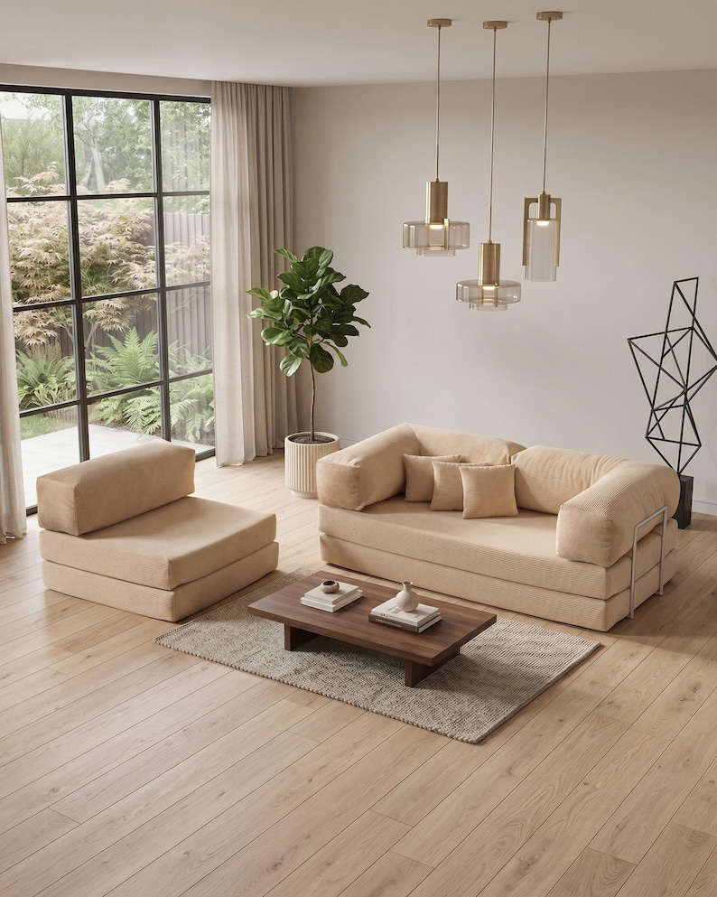 May include: A modern living room setup featuring a beige sofa, armchair, and a low wooden coffee table. The room is illuminated by pendant lights and natural light from a large window. A potted plant and decorative sculpture add to the decor.