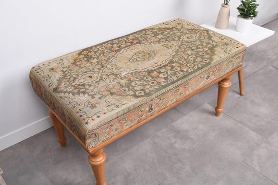 Vintage Medallion Bench, Turkish Rug Bench, Frontdoor Bench, Upholstered Bench, Walnut Bench Seat, Wood Work Bench, Modern Home Decor,
