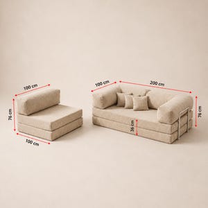 May include: Beige modular sofa and armchair set. The sofa is 200 cm long, 100 cm wide, and 76 cm high. The armchair is 100 cm by 100 cm by 76 cm. Includes three small square pillows. The set is made of corduroy fabric.