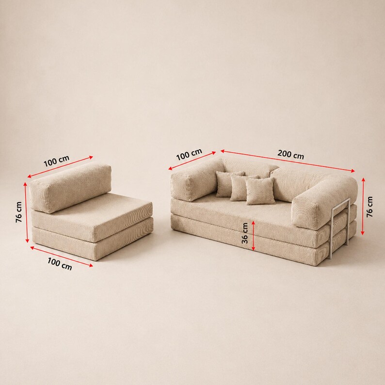 May include: Beige modular sofa and armchair set. The sofa is 200 cm long, 100 cm wide, and 76 cm high. The armchair is 100 cm by 100 cm by 76 cm. Includes three small square pillows. The set is made of corduroy fabric.