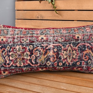 Kilim Cushion Sham, Ethnical Kilim Rug Pillow, 12x24 Home Decor Pillow, Vintage Pillow, Blue Cushion, Rectangular Pillow, Rug Pillow,