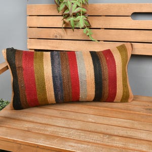 Vintage Kilim Pillow, Home Decor Pillow, 12x24 Kilim Cushion Sham, Ethnical Kilim Rug Pillow, Beige Pillow, Striped Lumbar  Pillow,