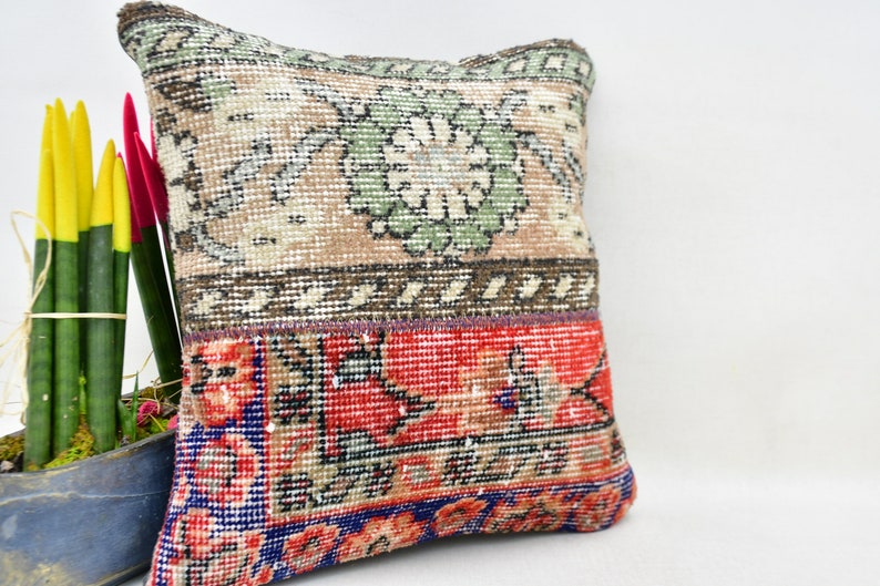 Eastern Rug Pillow Turkish Pillow Ottoman Rug Cushion Handmade Rug Pillow 4843 Rug Pillow 16x16 Pillow Cover Vintage Rug Pillow