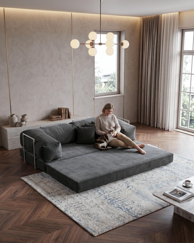 Puede incluir: Un sof&aacute; modular gris contempor&aacute;neo con una secci&oacute;n extra&iacute;ble, colocado sobre una alfombra estampada. El sof&aacute; tiene una textura de pana y detalles met&aacute;licos. Una mujer est&aacute; sentada en el sof&aacute; con un gato. Una l&aacute;mpara de ara&ntilde;a esf&eacute;rica cuelga encima.