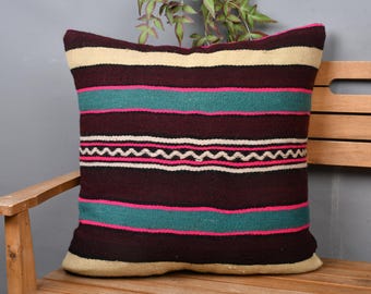 Antique Pillows, Vintage Pillow, 24x24 Vintage Kilim Pillow, Turkish Kilim Pillow, Brown Pillow, Turkish Striped Pillow, Chair Pillow,