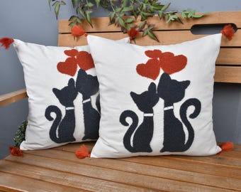 Funda de almohada bordada con diseño de gato negro - 40 x 40 cm - Regalo para inauguración de casa