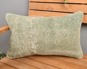 Interior Designer Pillow, Handmade Kilim Cushion, 12x20 Turkish Pillow, Throw Kilim Pillow, Green Cushion Case, Turkish Lumbar Pillow,