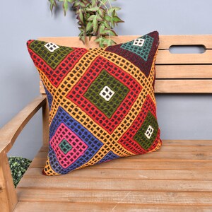Kilim Pillow Cover, Handmade Kilim Cushion, 20x20 Pillow for Couch, Throw Kilim Pillow, Blue Pillow Cover, Embroidered Pillow,