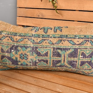 Gift Pillow, Boho Pillow Sham Cover, 12x24 Antique Pillows, Throw Kilim Pillow, Blue Cushion, Striped Lumbar  Pillow, Patchwork Pillow,