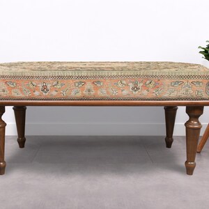 Vintage Medallion Bench, Turkish Rug Bench, Frontdoor Bench, Upholstered Bench, Walnut Bench Seat, Wood Work Bench, Modern Home Decor, Brown