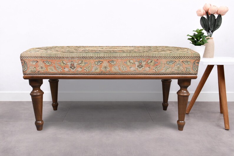 Vintage Medallion Bench, Turkish Rug Bench, Frontdoor Bench, Upholstered Bench, Walnut Bench Seat, Wood Work Bench, Modern Home Decor, Brown