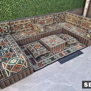 Earth Tone Floor Sectional Set, Neutral Kilim Lounge Sofa, Modern Rustic Home Furniture, Low Corner Seating