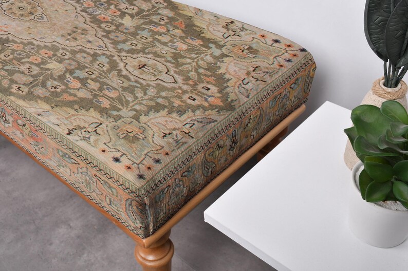 Vintage Medallion Bench, Turkish Rug Bench, Frontdoor Bench, Upholstered Bench, Walnut Bench Seat, Wood Work Bench, Modern Home Decor, image 3