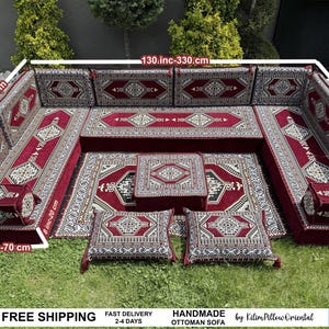 Burgundy Sofa Seating, Moroccan Sofa, U-shaped Sofa, Sectional Floor Seating, Ottoman Floor Seating, Traditional Floor Sofa, Home Decor