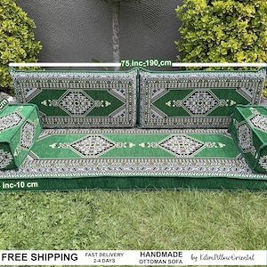 Moroccan Style Couch, U-Shaped Floor Cushion, Green Ottoman Sofa, Turkish Kilim Pillow, Anatolian Sofa, Sectional Seating, Traditional Sofa,