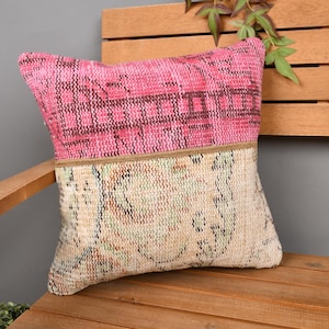 Boho Pillow Sham Cover, Interior Designer Pillow, 16x16 Pillow for Couch, Kilim Pillow Cover, Pink Cushion, Patchwork Pillow, Rug Pillow,