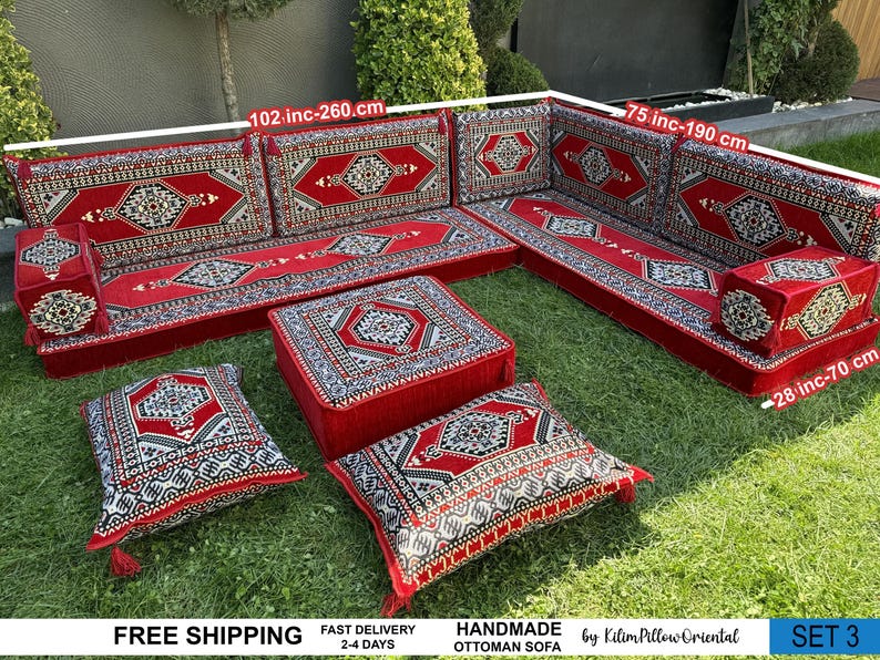 Floor sofa, Arabic seating, Moroccan sofa, U-shaped sofa, Sectional floor seating, Majlis seating, Floor cushions, Living room floor sofa, imagem 4