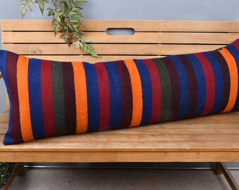 Kilim Pillow, Kilim Pillow Cover, 16x48 Ethnical Kilim Rug Pillow, Turkish Kilim Pillow, Blue Cushion Case, Bohemian Lumbar Pillow,