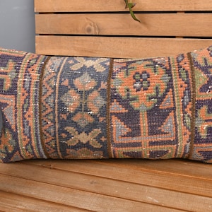 Ethnical Kilim Rug Pillow, Vintage Kilim Pillow, 12x24 Boho Pillow, Kilim Pillow, Blue Pillow, Turkish Lumbar Pillow, Patchwork Pillow,