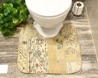 Beige Green Vintage Handmade Rugs Toilet Mat 22x21 Inches, Antique Handmade Rug Bathroom Mat, Unique Vintage Rugs Patchwork Decor
