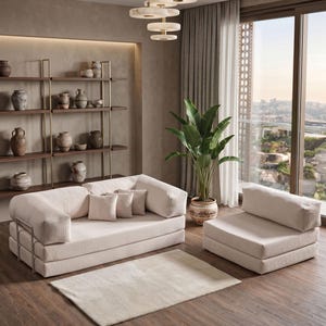 May include: A modern living room setup featuring a beige sofa, armchair, and rug. The room includes a large window, a potted plant, and a decorative shelf with vases. The furniture is arranged on a dark wood floor, creating a warm and inviting atmosphere.