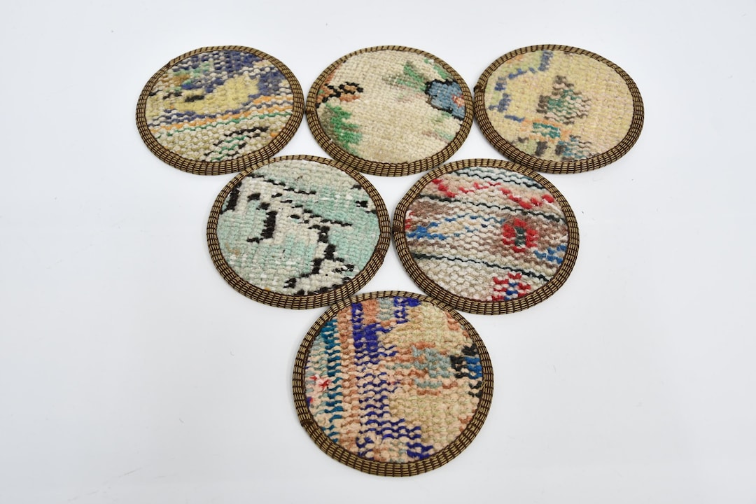 Round Rug Coasters Set of Six, Glass Pad, Round Coaster, Beige Coaster, Rug Coaster ...