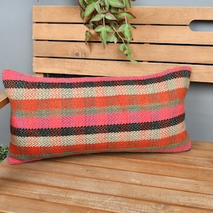 Kilim Cushion Sham, Turkish Kilim Pillow, 12x24 Boho Pillow Sham Cover, Throw Kilim Pillow, Pink Pillow, Anatolian Lumbar  Pillow,