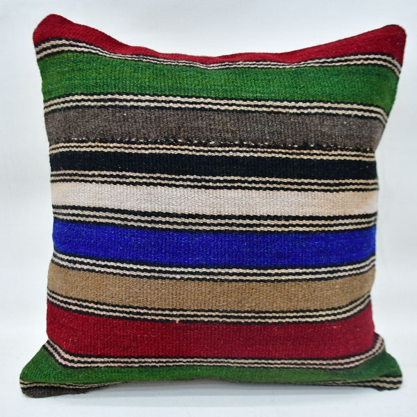 Turkish Pillow, Home Decor Pillow, Designer Pillows, 14x14 Green Pillow Covers, Striped Pillow, Vintage Kilim Pillow, Moroccan Cushion, 1781