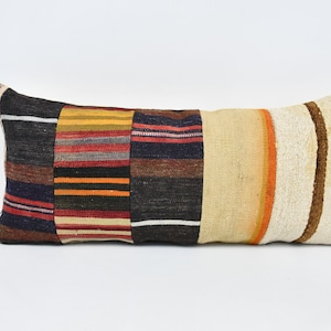 Designer Pillows, Antique Pillows, Kilim Pillow Covers, 16x36 Brown Cushion Case, Striped Pillow Covers, Bolster Throw Cushion Case, 278
