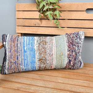 Boho Pillow, Gift Pillow, 12x24 Pillow for Sofa, Throw Kilim Pillow, Blue Pillow Cover, Tribal Lumbar  Pillow, Colorful Stripe Pillow,