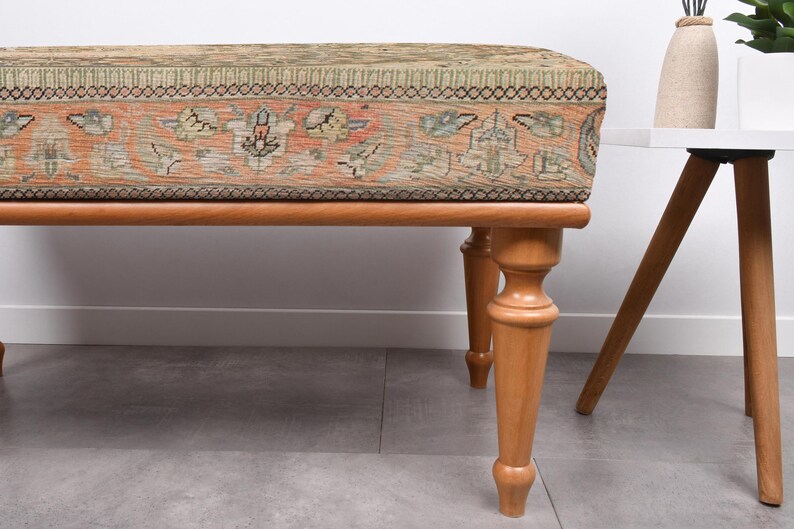 Vintage Medallion Bench, Turkish Rug Bench, Frontdoor Bench, Upholstered Bench, Walnut Bench Seat, Wood Work Bench, Modern Home Decor, image 4