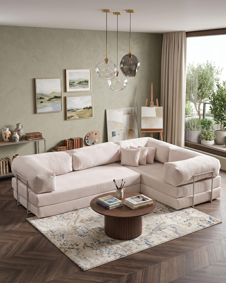 Puede incluir: Sal&oacute;n moderno con un sof&aacute; seccional rosa claro, una mesa de centro redonda de madera y una alfombra estampada. La habitaci&oacute;n est&aacute; decorada con pinturas de paisajes, jarrones decorativos y l&aacute;mparas colgantes de cristal.