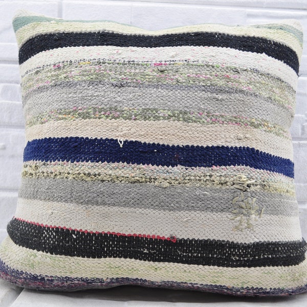 Turkish Kilim Pillow, 24x24 Natural Pillow, Throw Pillow, Pillow Covers, Decorative Pillow, Blue Pillow, Striped Pillow, Soft Pillow No 685