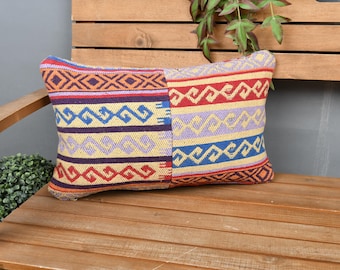 Pillow for Couch, Home Decor Pillow, 12x20 Kilim Pillow Cover, Boho Pillow Sham Cover, Yellow Cushion Case, Lumbar Pillow,