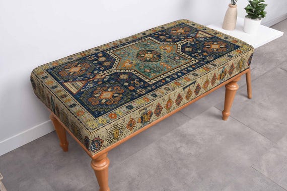 Vintage Pattern Bench, Turkish Rug Bench, Handmade Furniture, Upholstered Bench, Ottoman bench, Kitchen Furniture, Wooden Bench