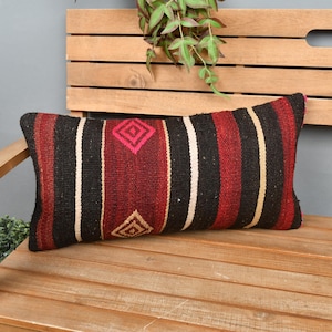 Vintage Kilim Throw Pillow, Kilim Pillow Cover, 12x24 Ethnical Kilim Rug Pillow, Pillow for Couch, Red Pillow Cover, Tribal Lumbar  Pillow,