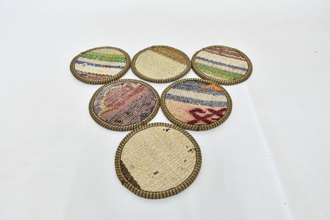 Table Rug Coasters Set of Six, Rug Coaster, Kilim Coaster, Beige Coaster, Striped Coaster ...