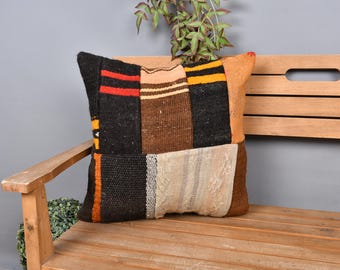 Interior Designer Pillow, Turkish Pillow, 20x20 Kilim Pillow, Pillow for Couch, Black Pillow, Patchwork Pillow, Vintage Striped Kilim Pillow