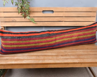 Pillow for Sofa, Boho Pillow, 12x48 Kilim Pillow, Turkish Kilim Pillow, Blue Cushion Case, Turkish Lumbar  Pillow, Bohemian Stripe Pillow,