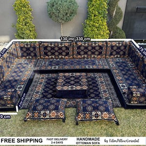Oriental Sofa Set, Navy Blue Couch, Living Room Sofa, Ottoman Sofa, Turkish Cushion Decor, Sectional Sofa Set, Ottoman Pouf, Reading Nook