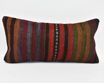 Turkish Kilim Pillow, Designer Pillows, Throw Pillow Covers, 12x24 Red Pillow Case, Striped Pillow Cover, Hippie Pillow, 4234