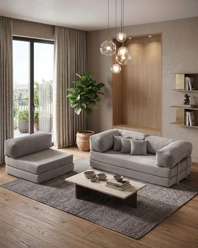 May include: A modern living room featuring a gray sofa, armchair, and coffee table. A large potted plant and a hanging light fixture with glass globes add to the room's contemporary design. The room has a neutral color palette with wooden floors and a patterned rug.
